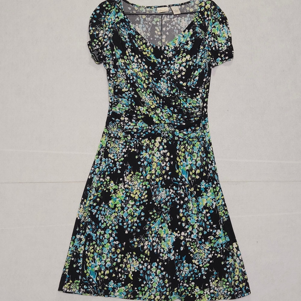 Kim Rogers Womens Floral Faux Empire Waist Dress Black Blue Green Medium